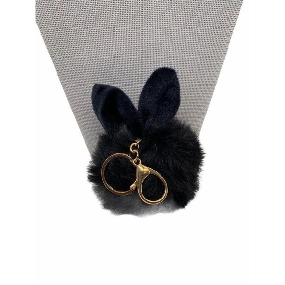 Black Bunny Ears Fur Ball Keychain Charm With Plush Key‎ Holder - Picture 1 of 6